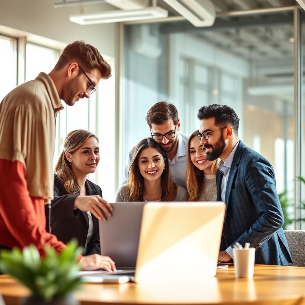 Diverse professionals collaborating around a laptop
